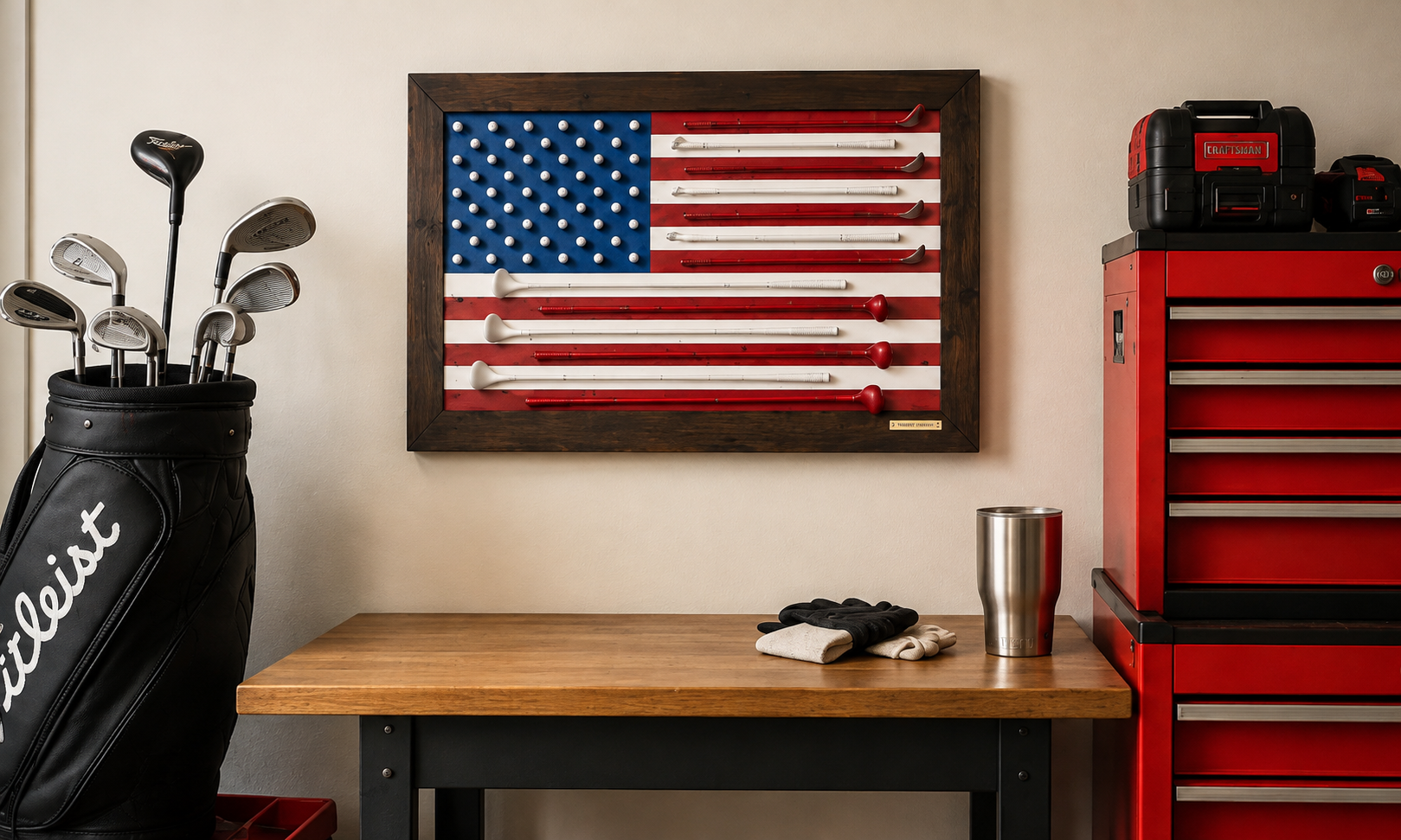 Handcrafted golf club American flag hanging above a workbench beside a bag of clubs