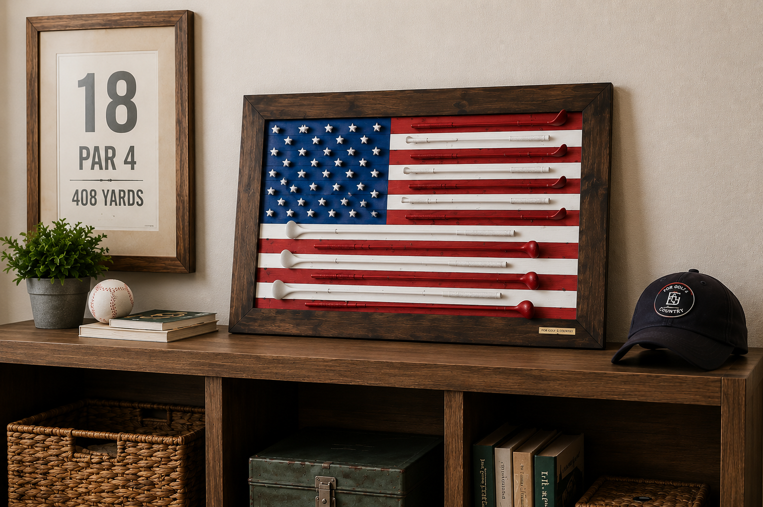 Handcrafted golf club American flag displayed on a console table beside a framed golf print and a For Golf & Country cap